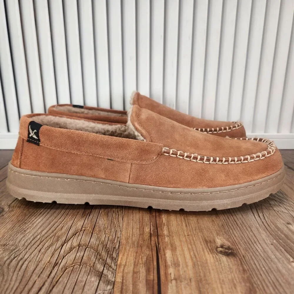 Eddie Bauer Loudon Men Sz 9.5 - 10.5 L Brown Suede Memory Foam Faux Fur Slippers